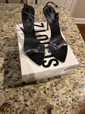 SCHUTZ Black Pointed Toe Heels with Clear Straps
